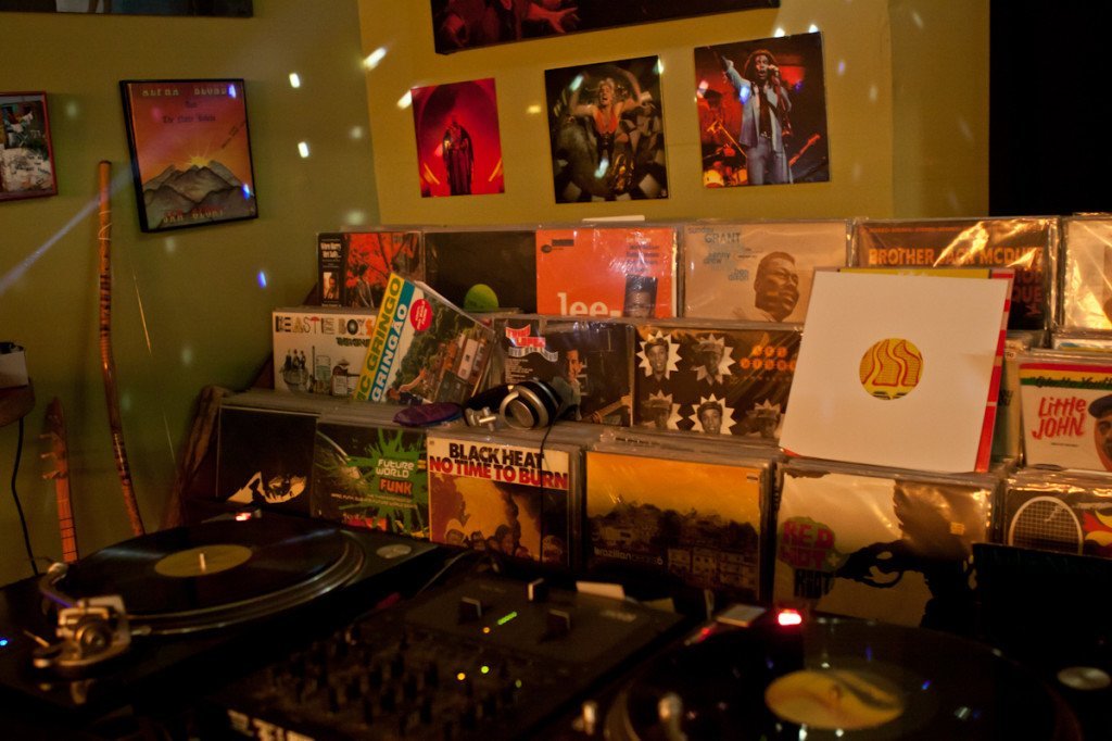 Goyo's studio: turntables and shelves of records