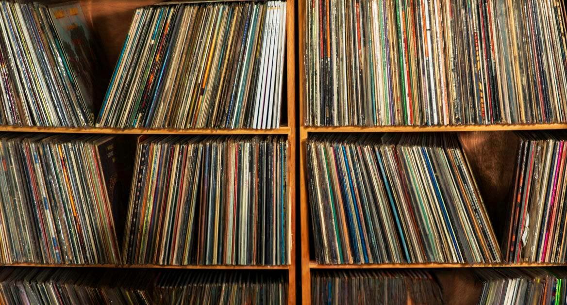 Shelves of records for sale